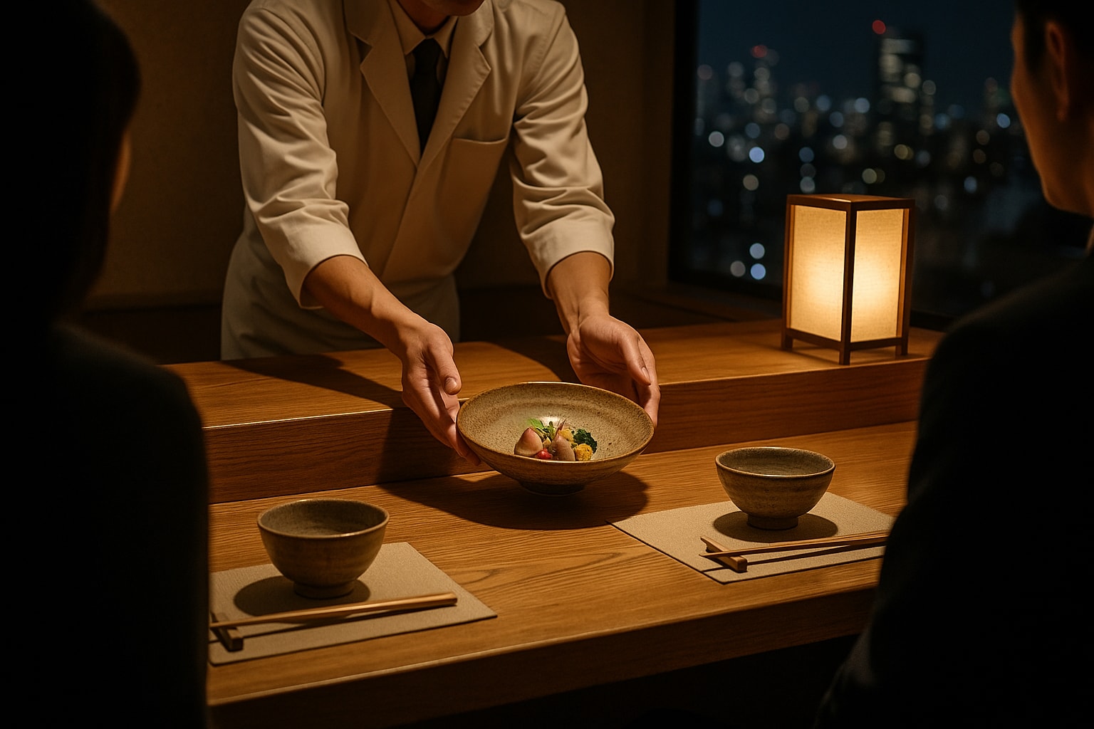 A quiet two-person dinner table in a dim Tokyo restaurant interior, city lights visible through the window, for the VIAIVE Couples in Tokyo guide.