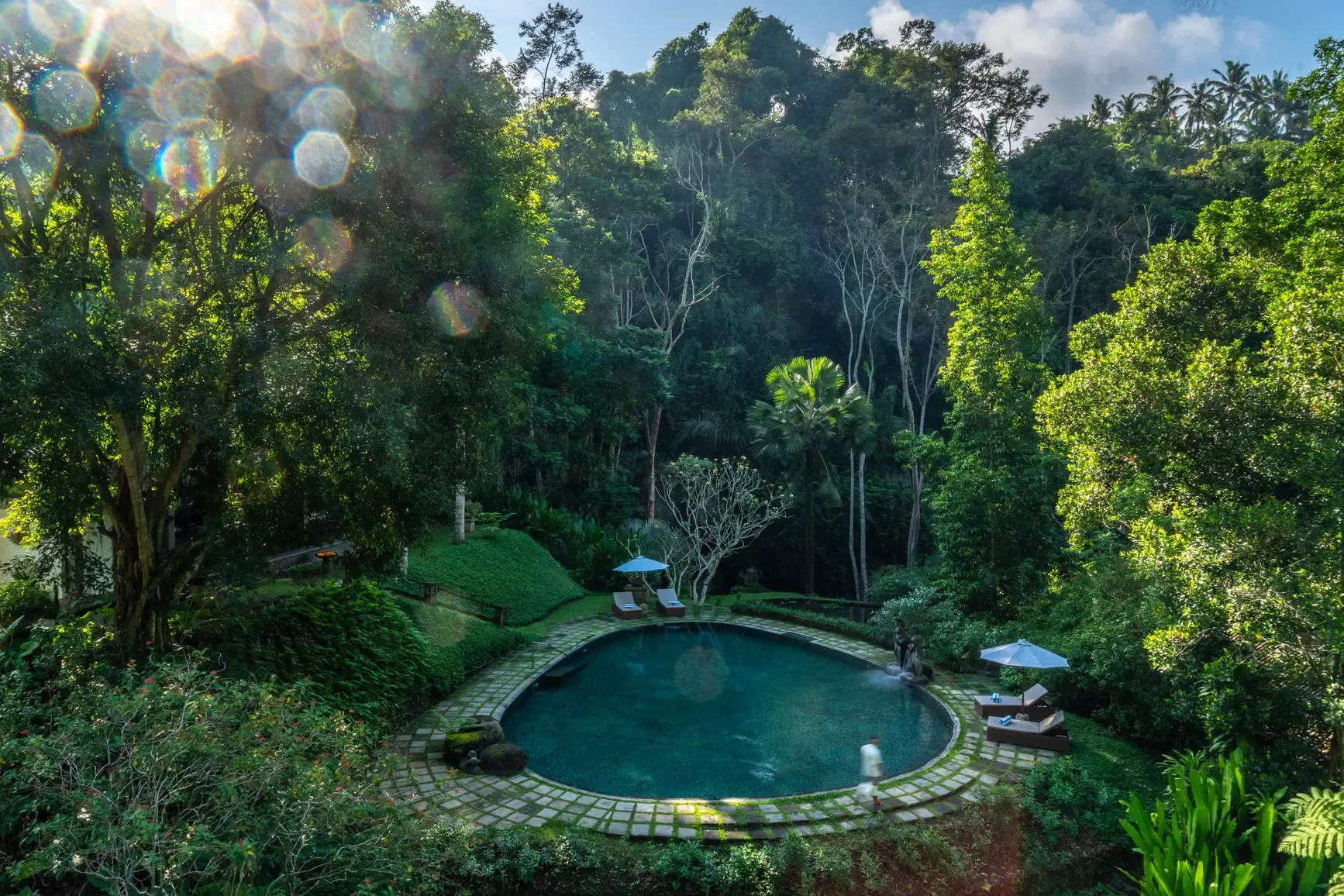 Aerial view of Dua Dari's swimming pool set deep in Ubud jungle canopy