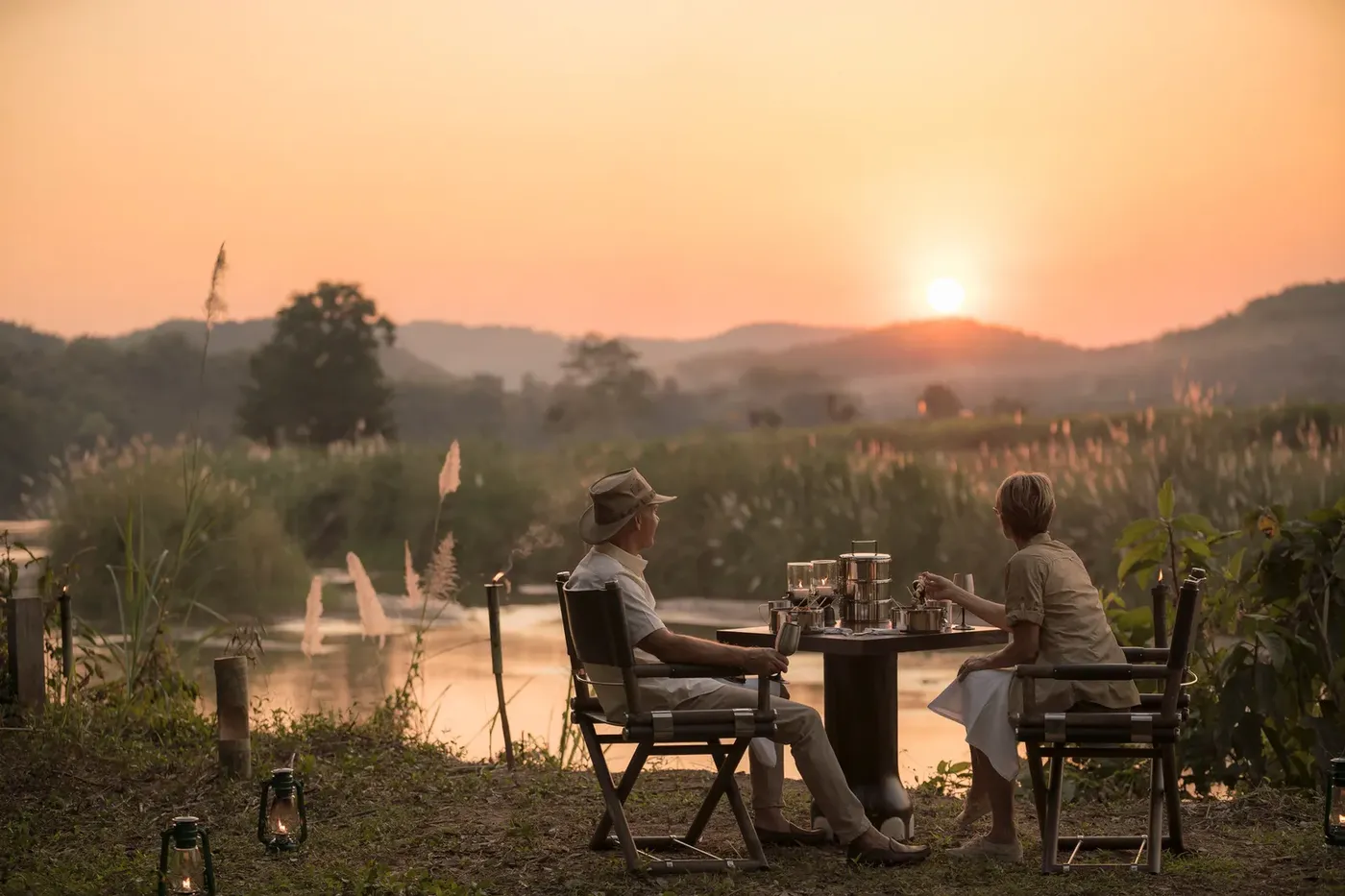 Sunset view over the Golden Triangle at Four Seasons Tented Camp Golden Triangle