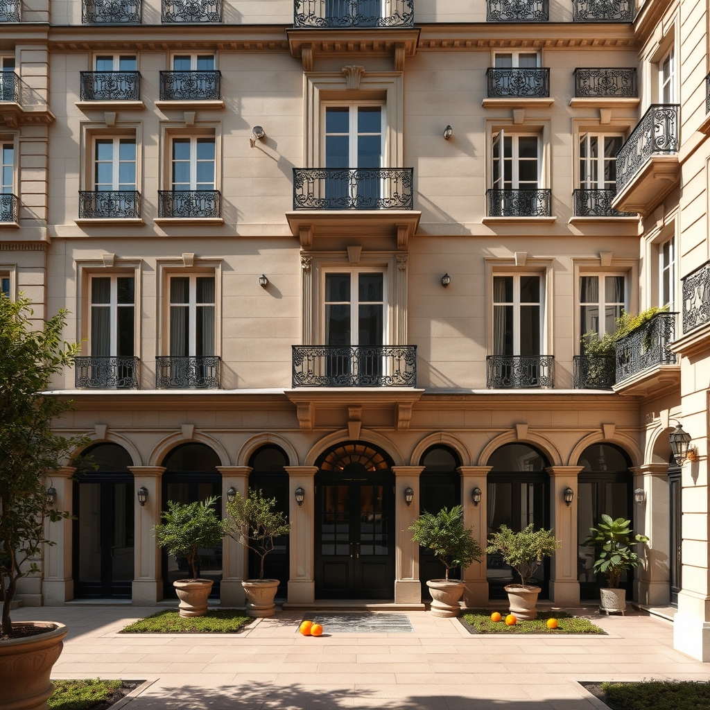 Le Bristol Paris shown as the 1925 limestone facade with a private garden courtyard in the Faubourg Saint-Honore, with wrought-iron Juliet balconies, carved stone window pediments, arched ground-floor arcade doors, and potted topiary in the sunlit courtyard.