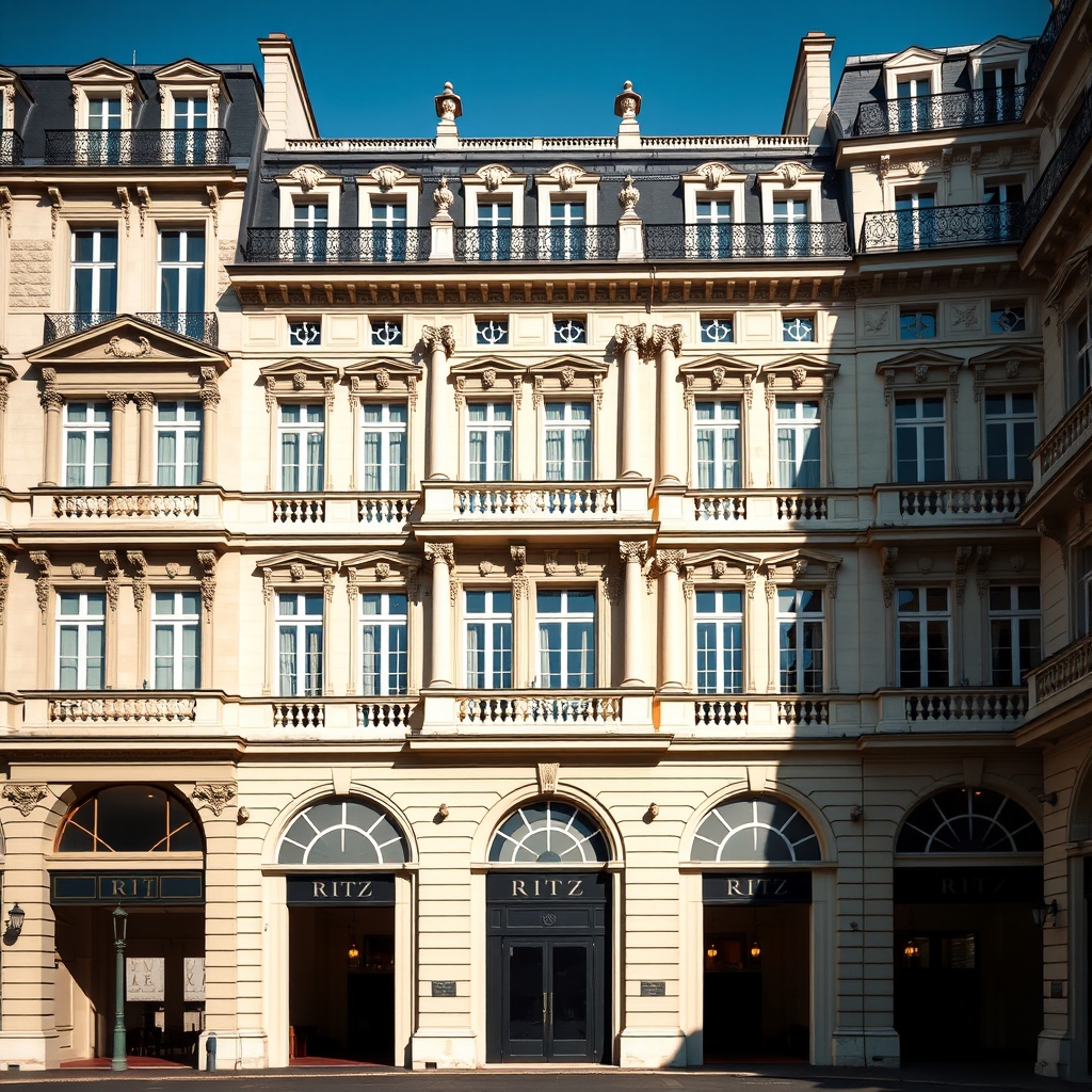 The Ritz Paris shown as the 17th-century Mansart facade on Place Vendôme, with tall arched doorways marked RITZ, Corinthian pilasters, dormer windows, and a mansard roof with decorative urn finials under a clear blue sky.