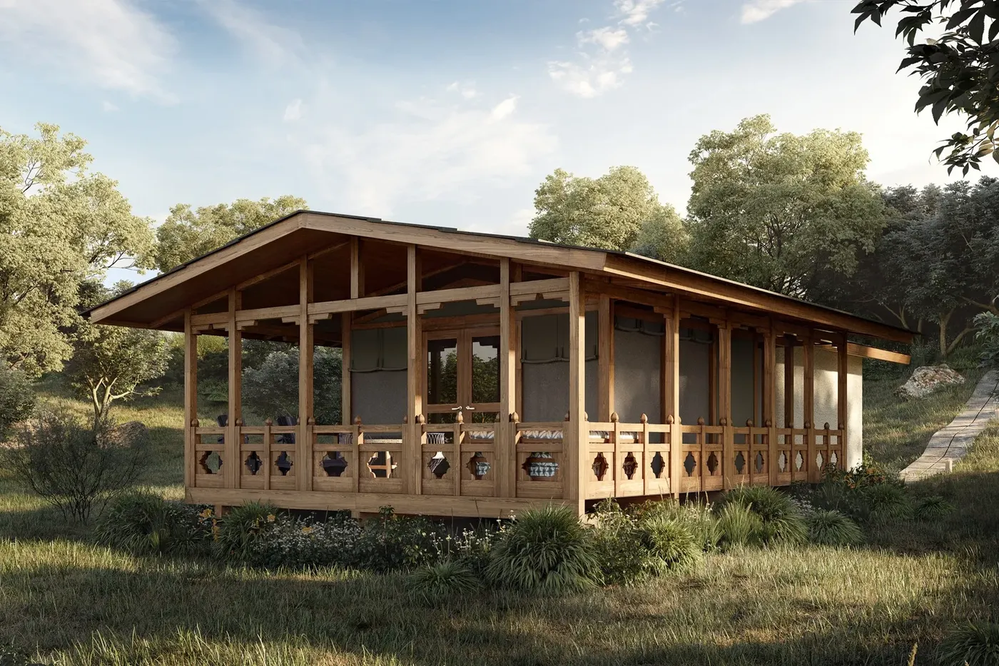 andbeyond punakha river lodge guest tent exterior render for &Beyond Punakha River Lodge, Bhutan: VIAIVE Hotel Guide.