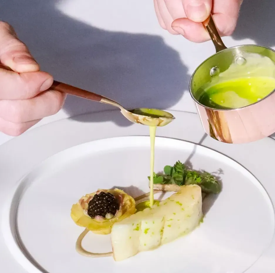 COTE Turbot 🐟, Artichoke Poivrade Barigoule, Kristal Caviar, Kaffir Lime 🍃 , Bagna Cauda Sauce 🧄 for Capella Bangkok Dining Experiences: Côte, Phra Nakhon, Stella & Tea Lounge.