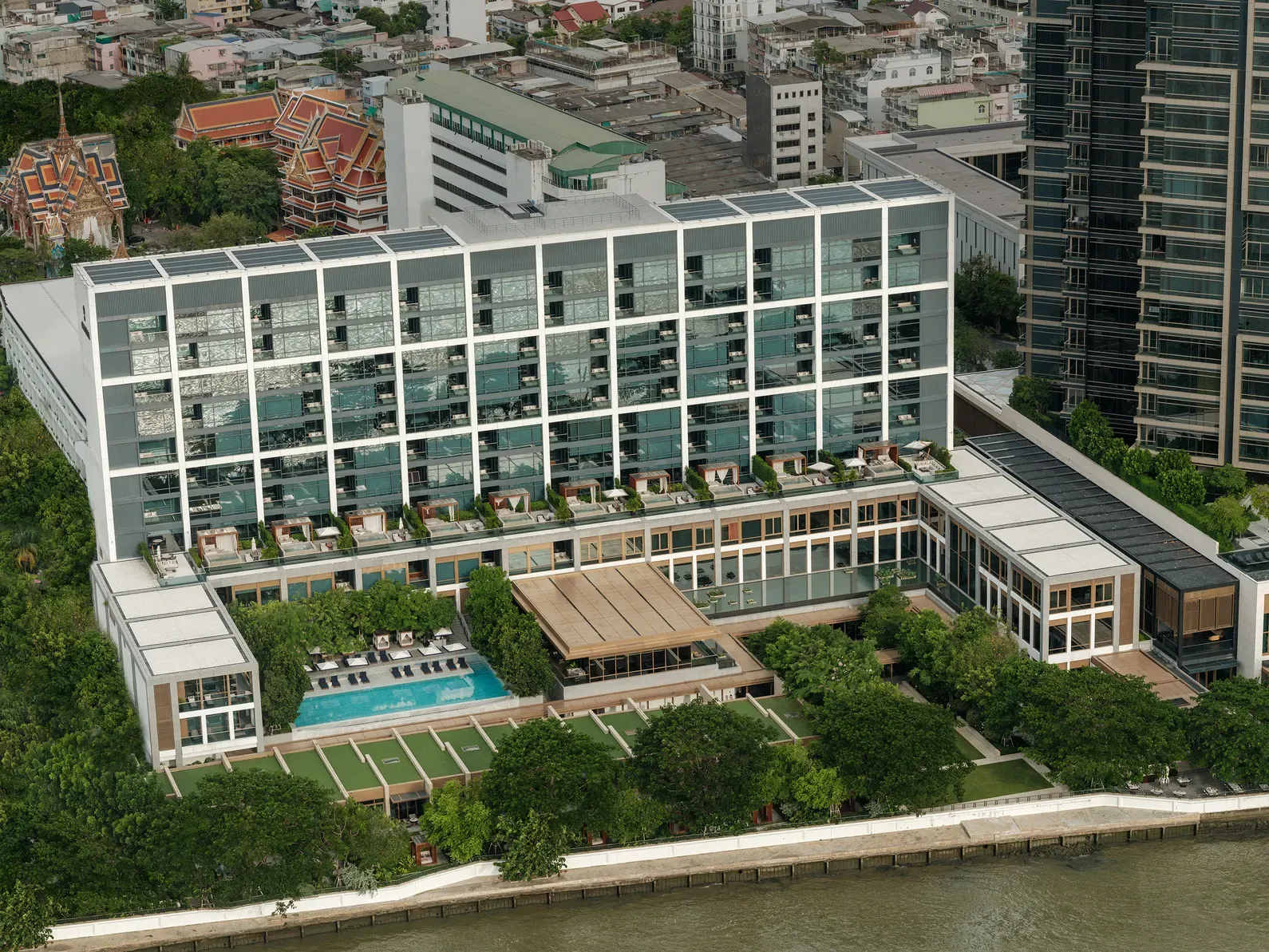 Aerial exterior of Capella Bangkok beside the Chao Phraya River