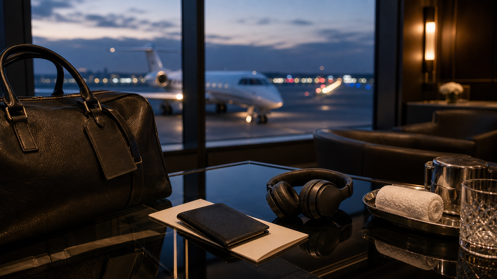 Flights & Private Charter shown as private aviation lounge transfer handoff for VIAIVE, with jet silhouette, leather duffel, smoked glass.