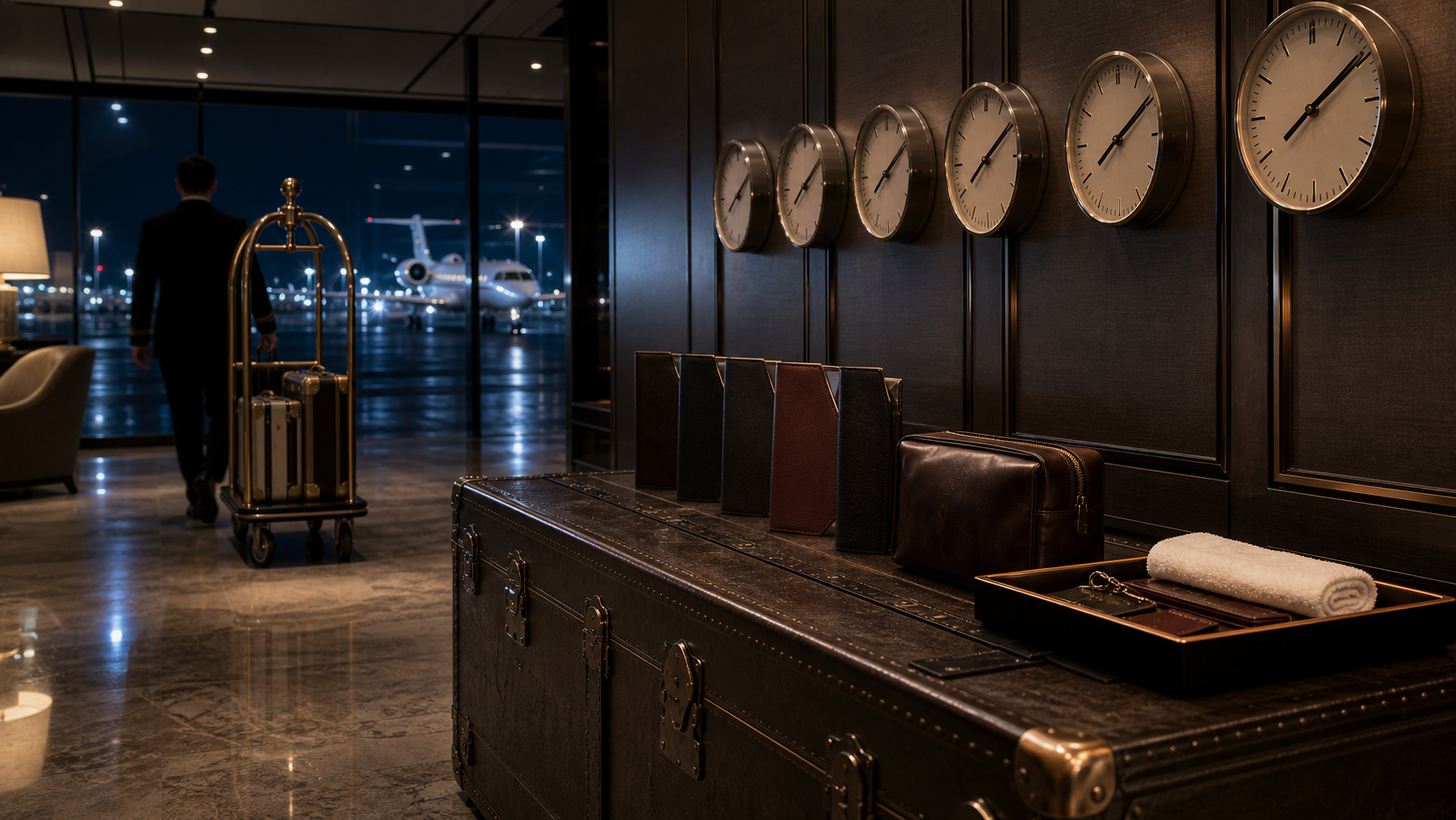 Worldwide, Global shown as private terminal world-clock luggage transfer for VIAIVE, with world-clock wall, travel trunk, smoked glass.