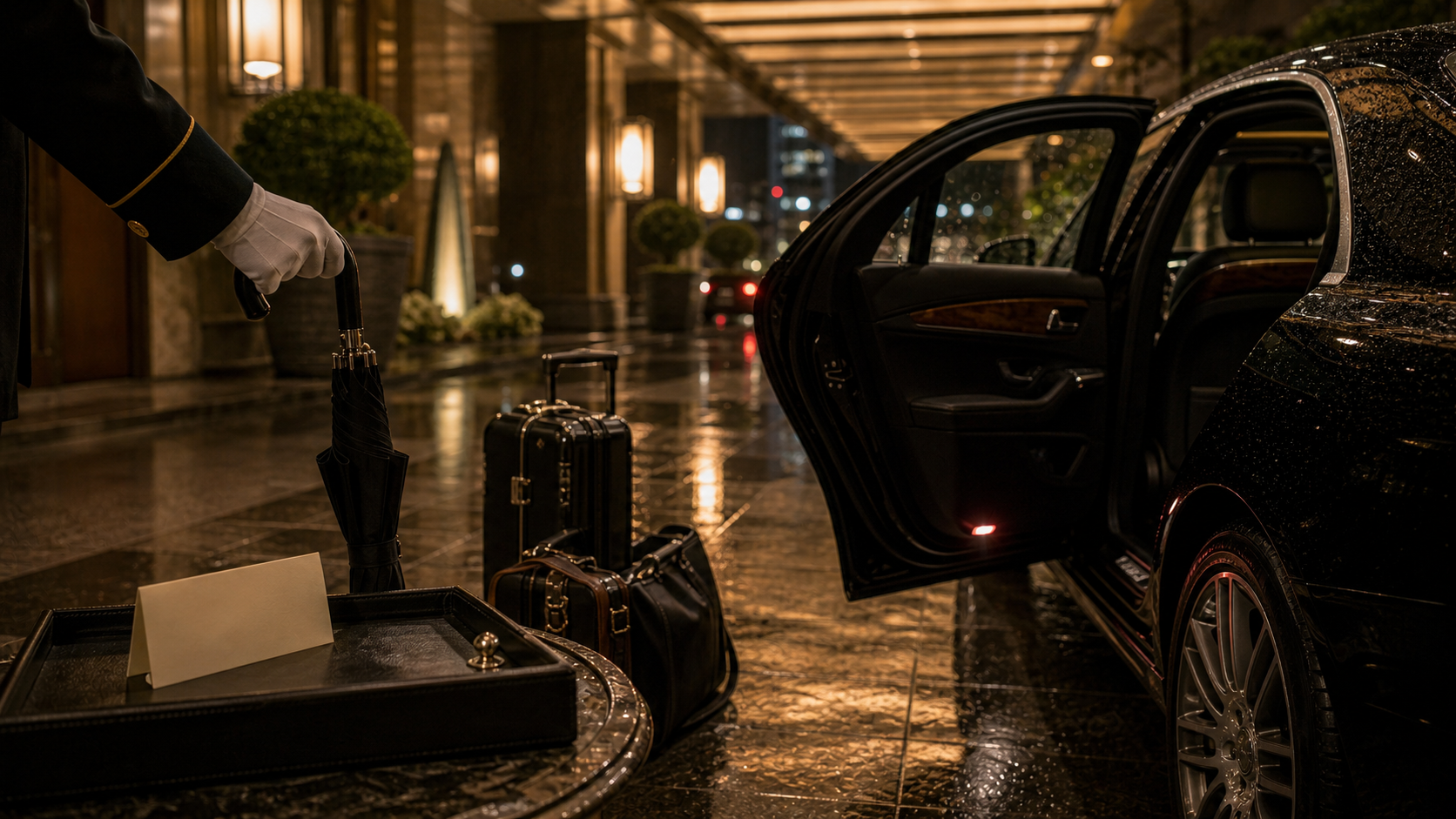 Ground & Transfers shown as rainy hotel porte-cochere chauffeur handoff for VIAIVE, with executive car, umbrella, wet limestone.