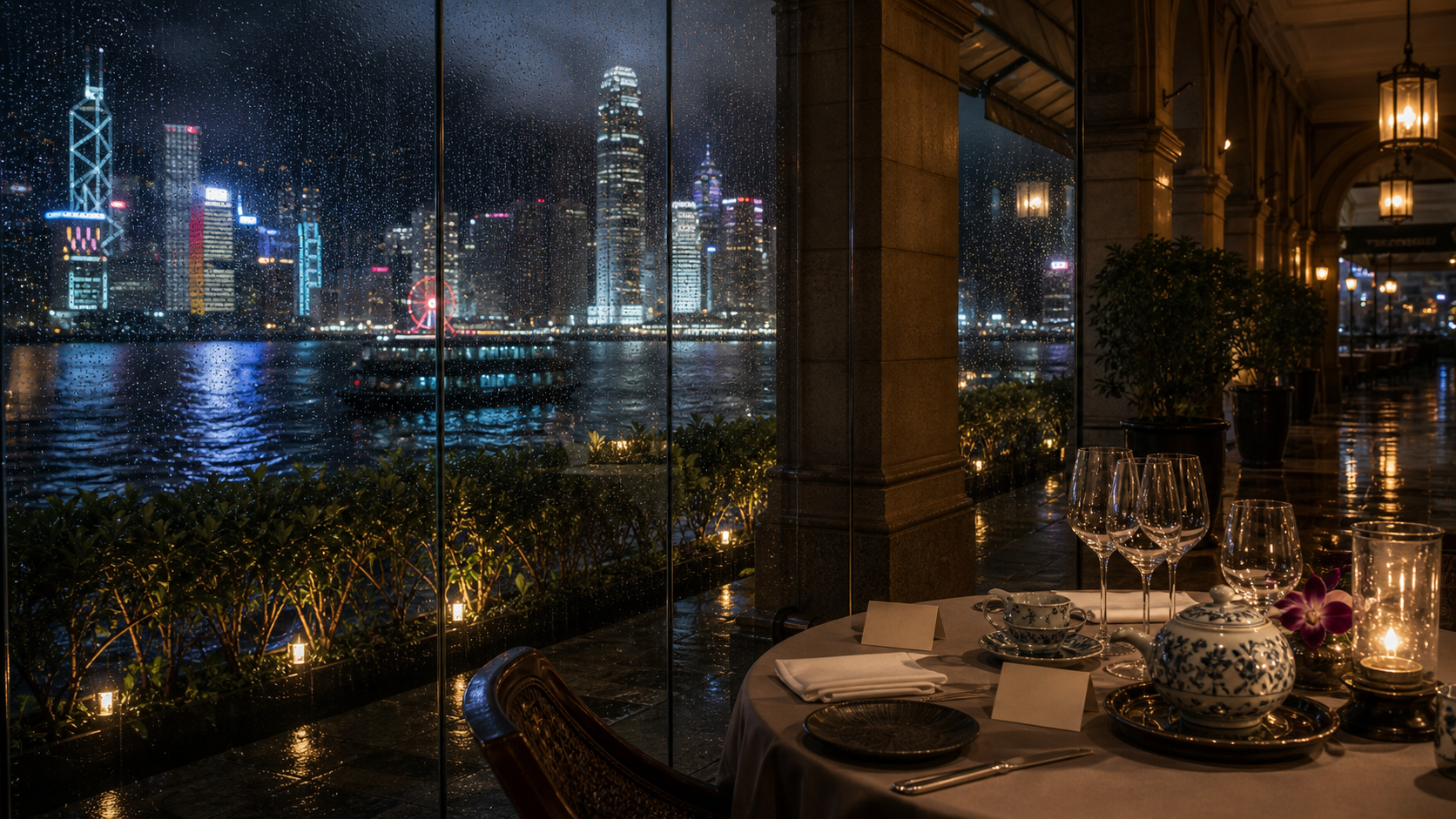 Hong Kong, Hong Kong SAR shown as rainy harbor dining decision under arcade for VIAIVE, with rain glass, harbor bokeh, porcelain tea.