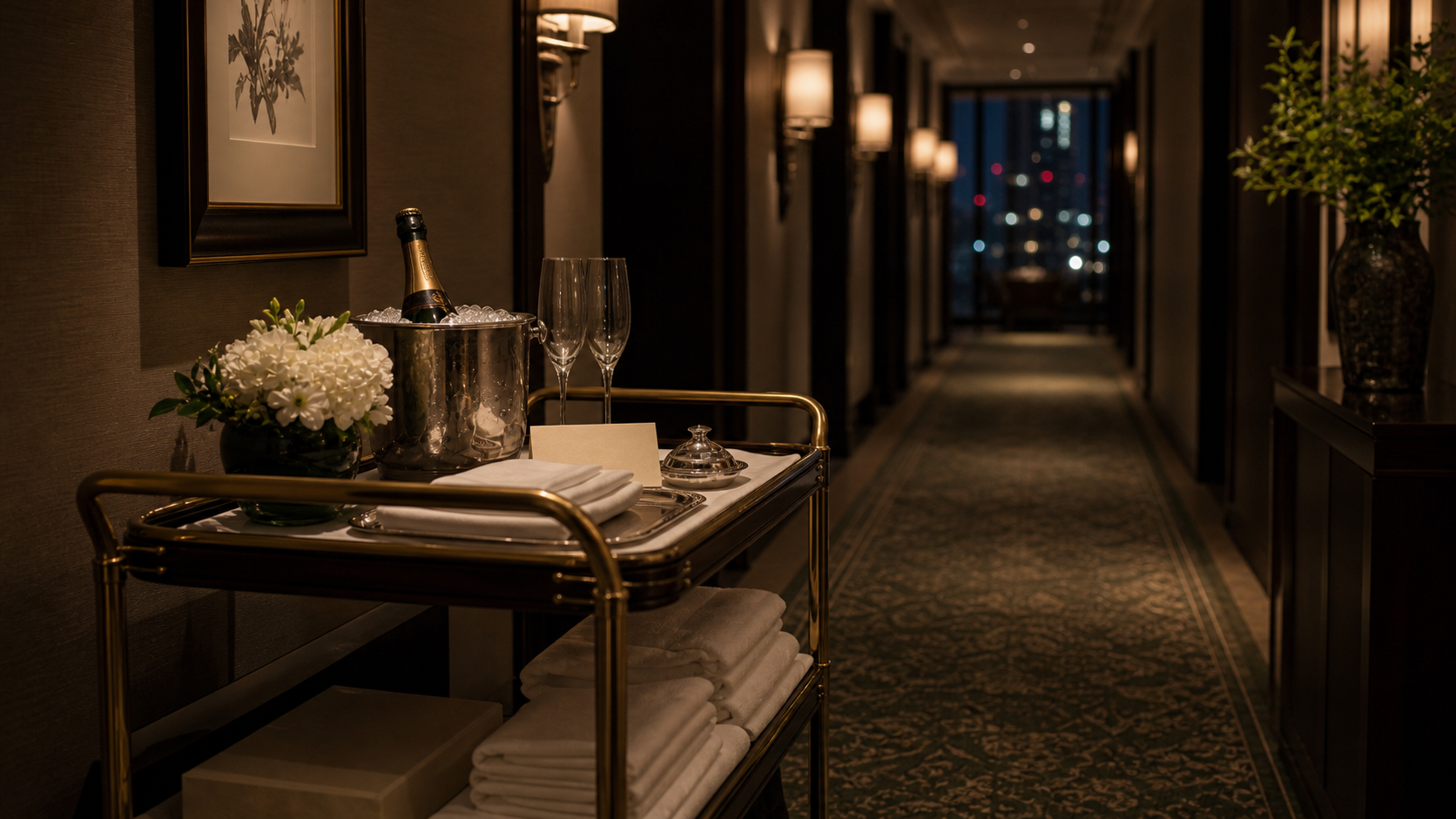 In-Stay Concierge shown as suite service choreography in corridor for VIAIVE, with butler cart, pressed linen, champagne bucket.