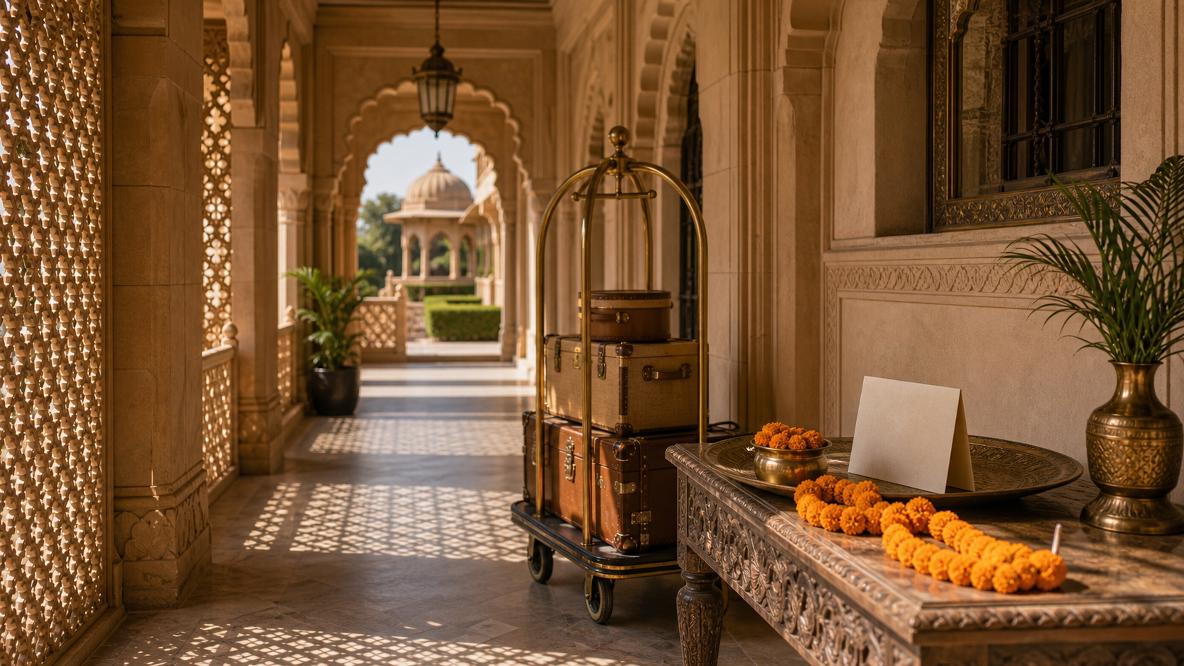 India, India shown as Golden Triangle palace corridor arrival for VIAIVE, with sandstone arches, brass luggage cart, marigold.