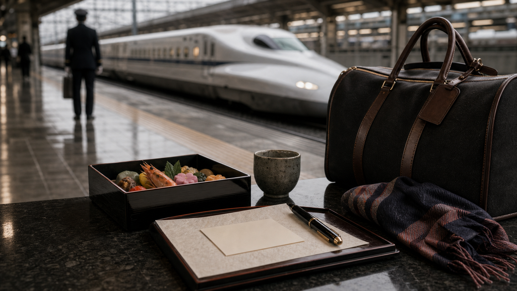 Japan, Japan shown as premium rail routing platform detail for VIAIVE, with lacquer bento, soft luggage, train silhouette.