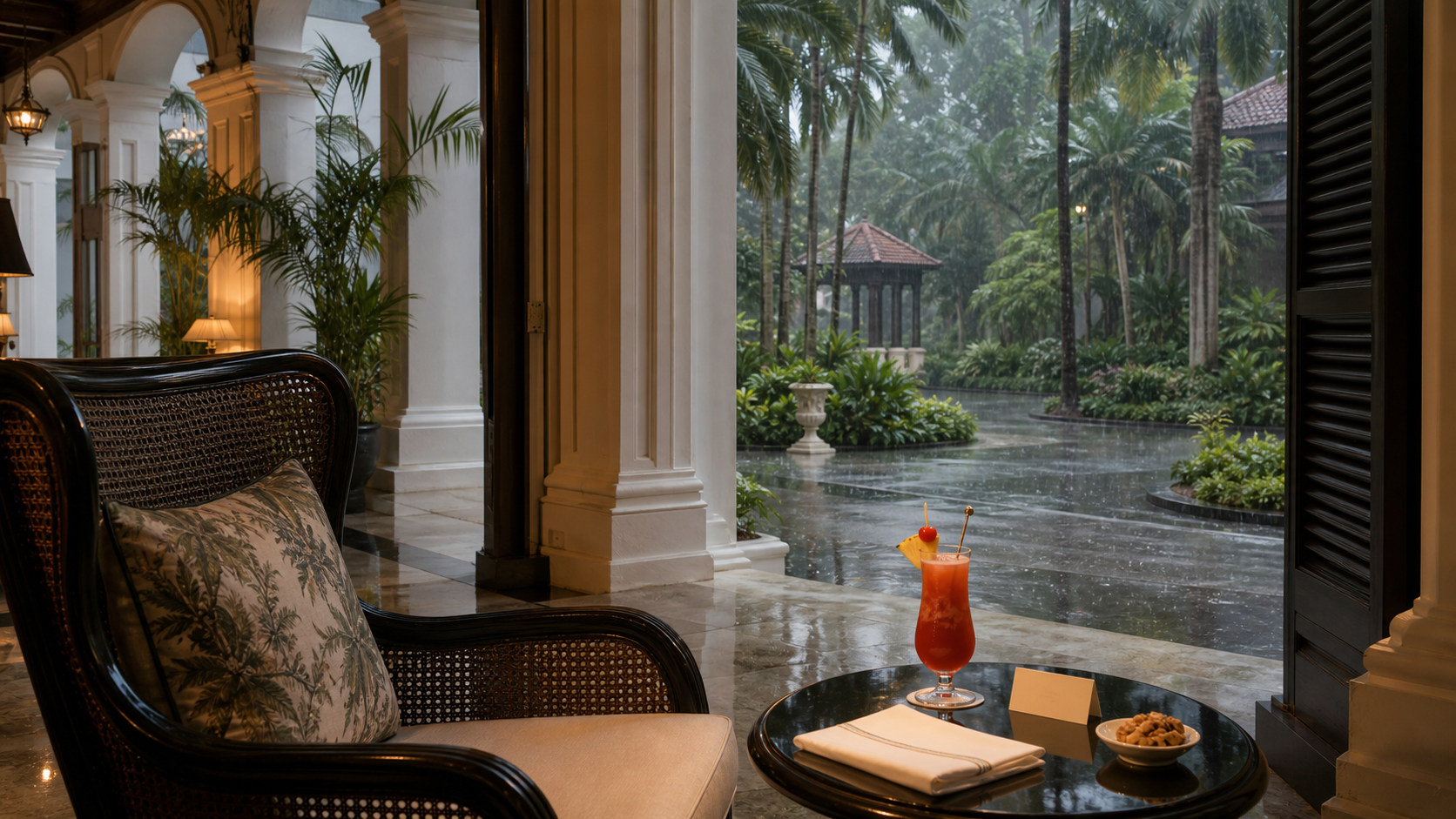 Singapore, Singapore shown as colonial veranda in tropical rain for VIAIVE, with rattan, marble, rain garden, chilled linen.