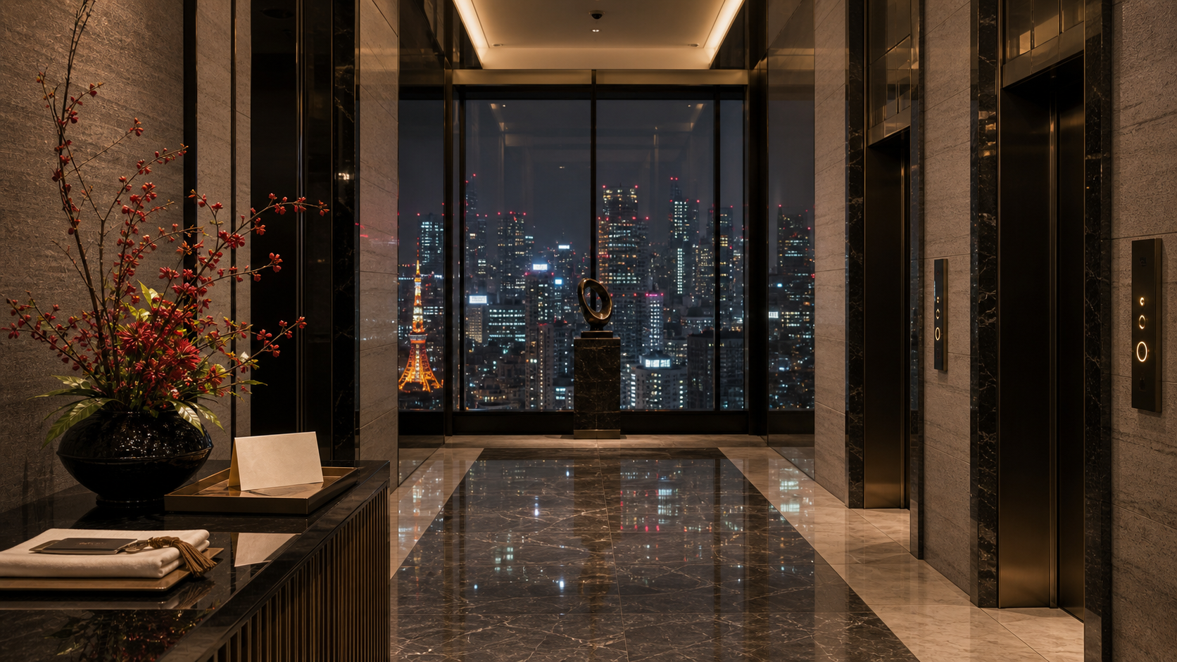 Tokyo, Japan shown as high-floor Tokyo lift lobby material detail for VIAIVE, with stone lobby, skyline reflection, ikebana.