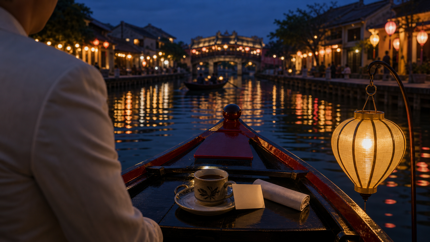Vietnam, Vietnam shown as Hoi An private river launch at lantern hour for VIAIVE, with lacquered boat, lantern reflections, ceramic coffee.