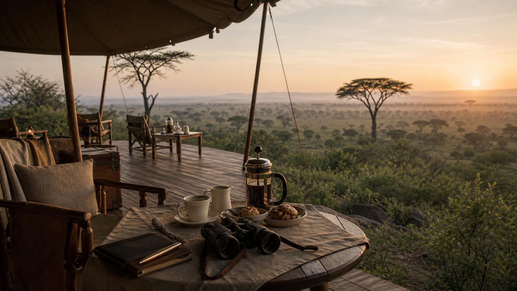 Lifelike East Africa tented camp deck at dawn with canvas, campaign furniture, binoculars, coffee service, and distant savanna atmosphere.