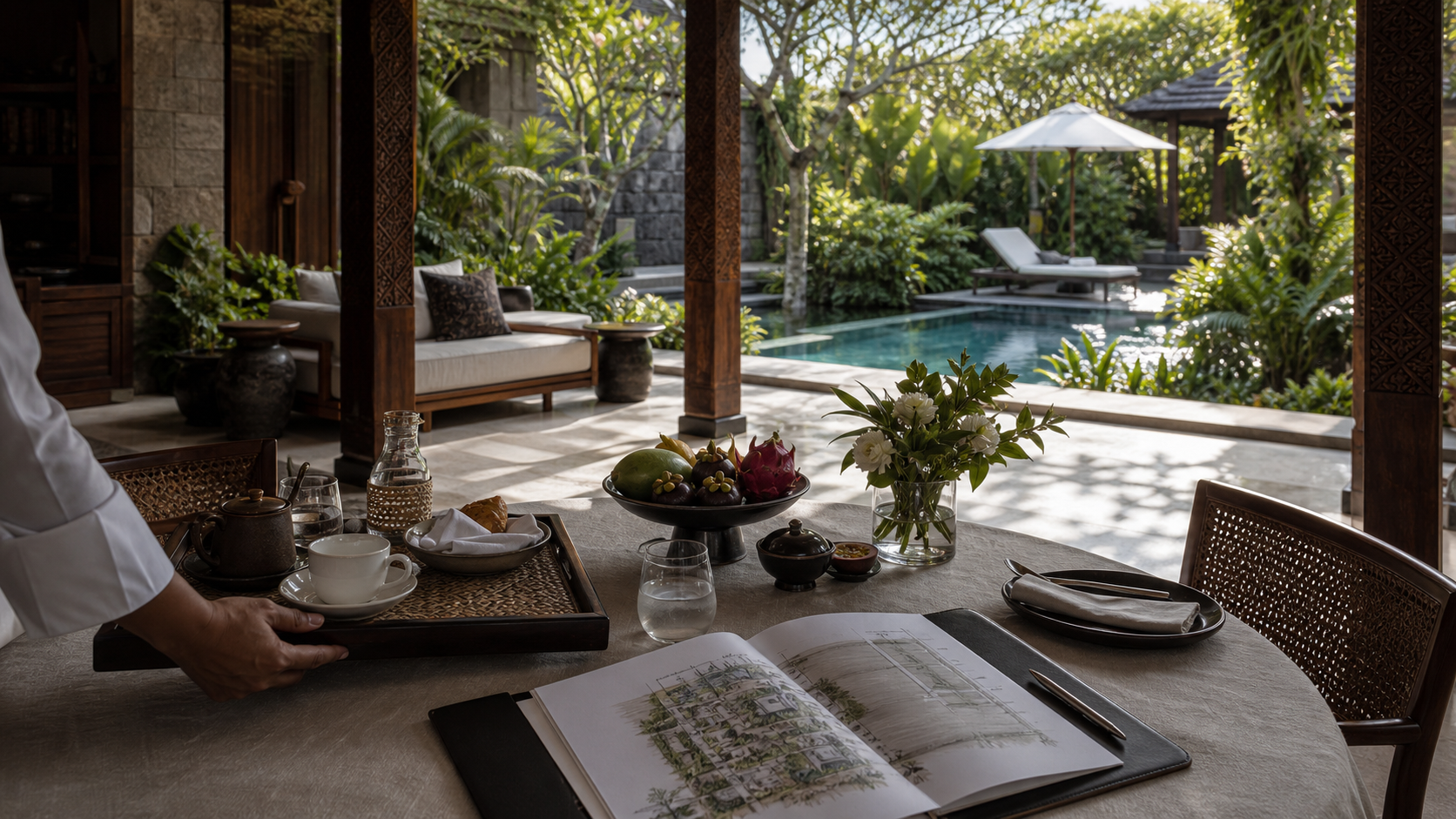 Lifelike Balinese private villa pavilion with linen breakfast table, local stone, carved timber, tropical planting, and dry-season morning light.