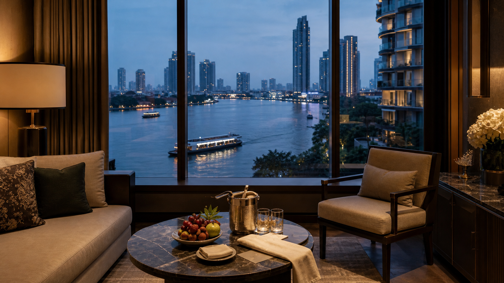 Lifelike Bangkok river suite seating area with bronze window frame, tailored upholstery, stone table, and blue-hour Chao Phraya view.