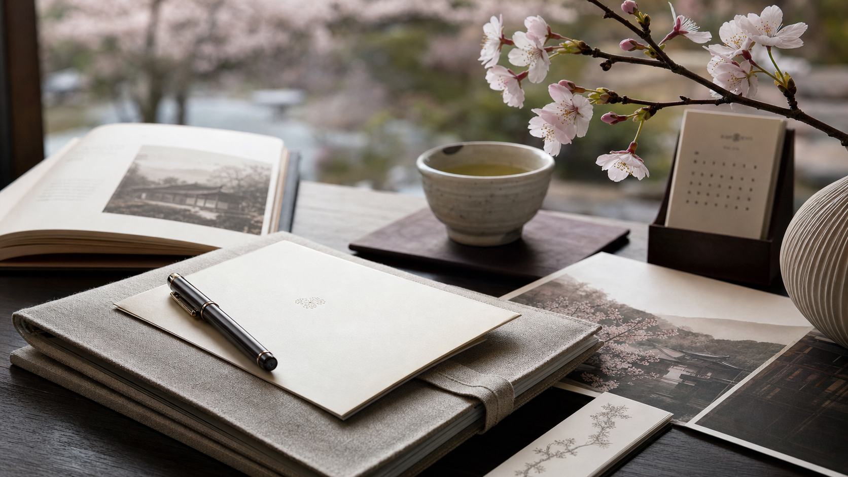 Lifelike Japan cherry blossom planning still life with linen itinerary folio, pale sakura branch, ceramic tea cup, and soft spring light.