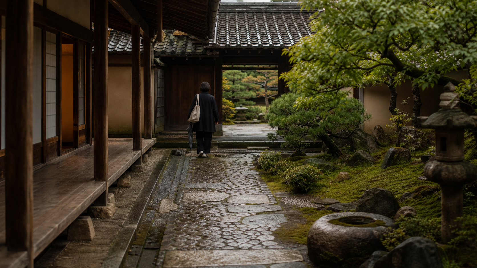 Lifelike Kyoto garden path before crowds with moss, aged timber, stone, and a guide-like figure from behind for private cultural access.