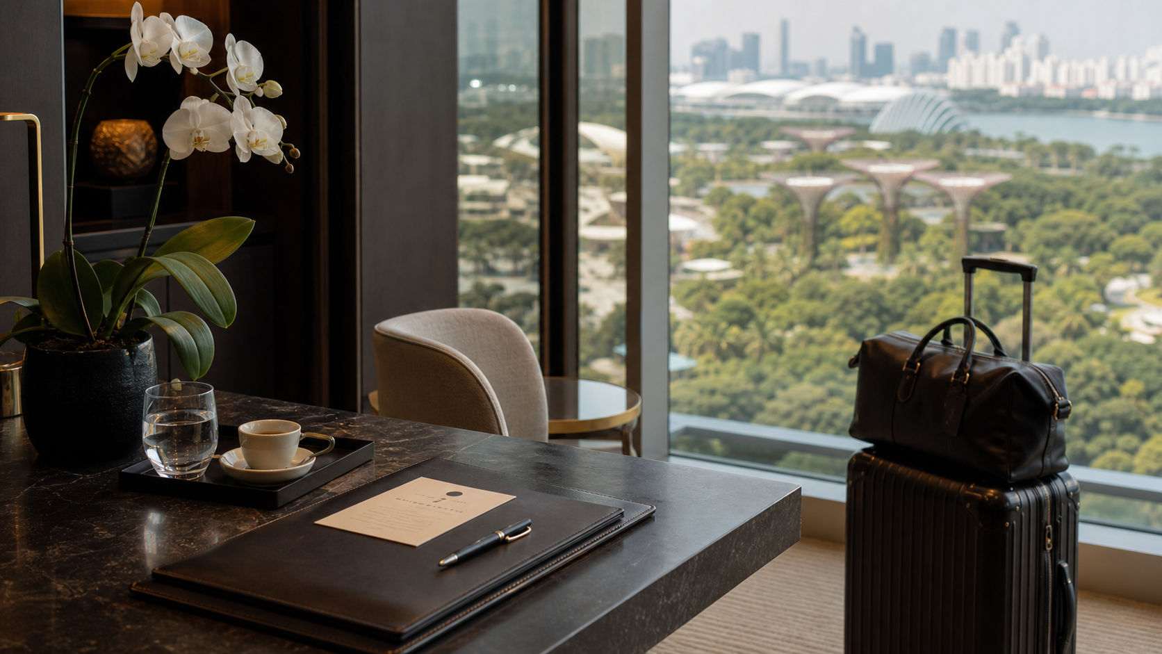 Lifelike Singapore high-floor lounge stopover scene with tailored luggage, polished stone, orchid detail, espresso tray, and soft city garden view.