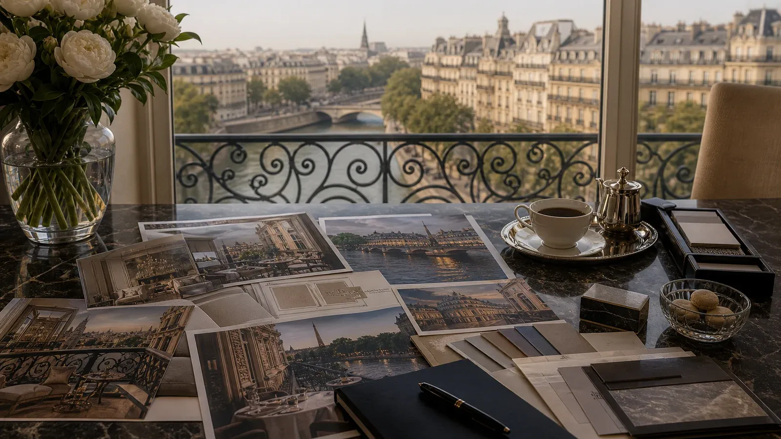 Paris, France editorial image showing a fine-dining reservation and itinerary-planning table with place-specific restaurant cues in Paris, France.