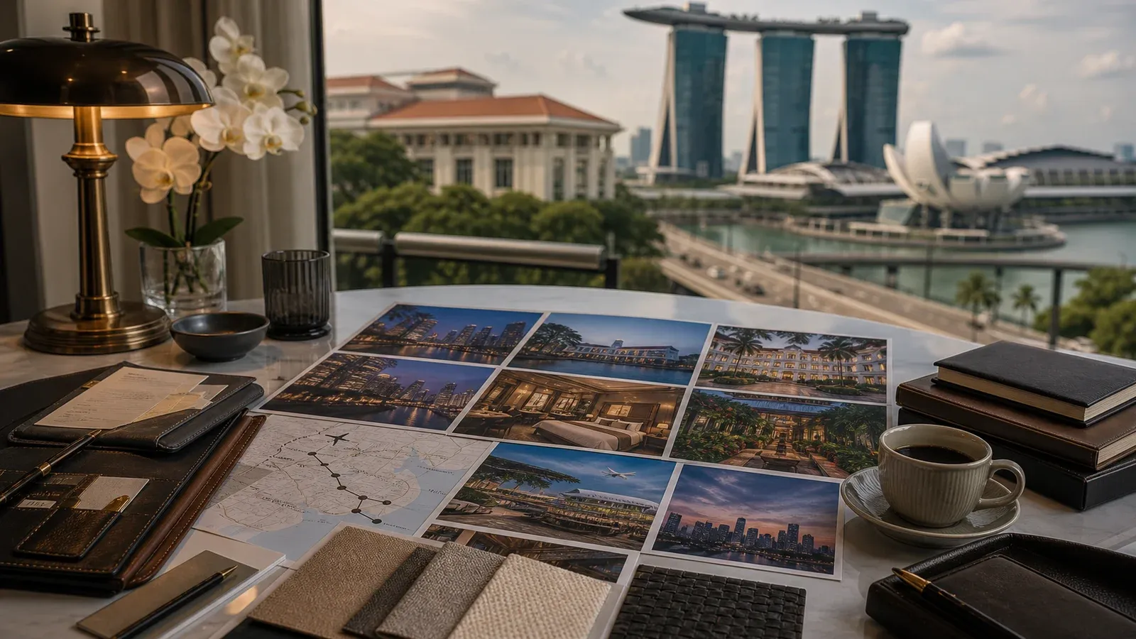 Singapore editorial image showing a fine-dining reservation and itinerary-planning table with place-specific restaurant cues in Singapore.