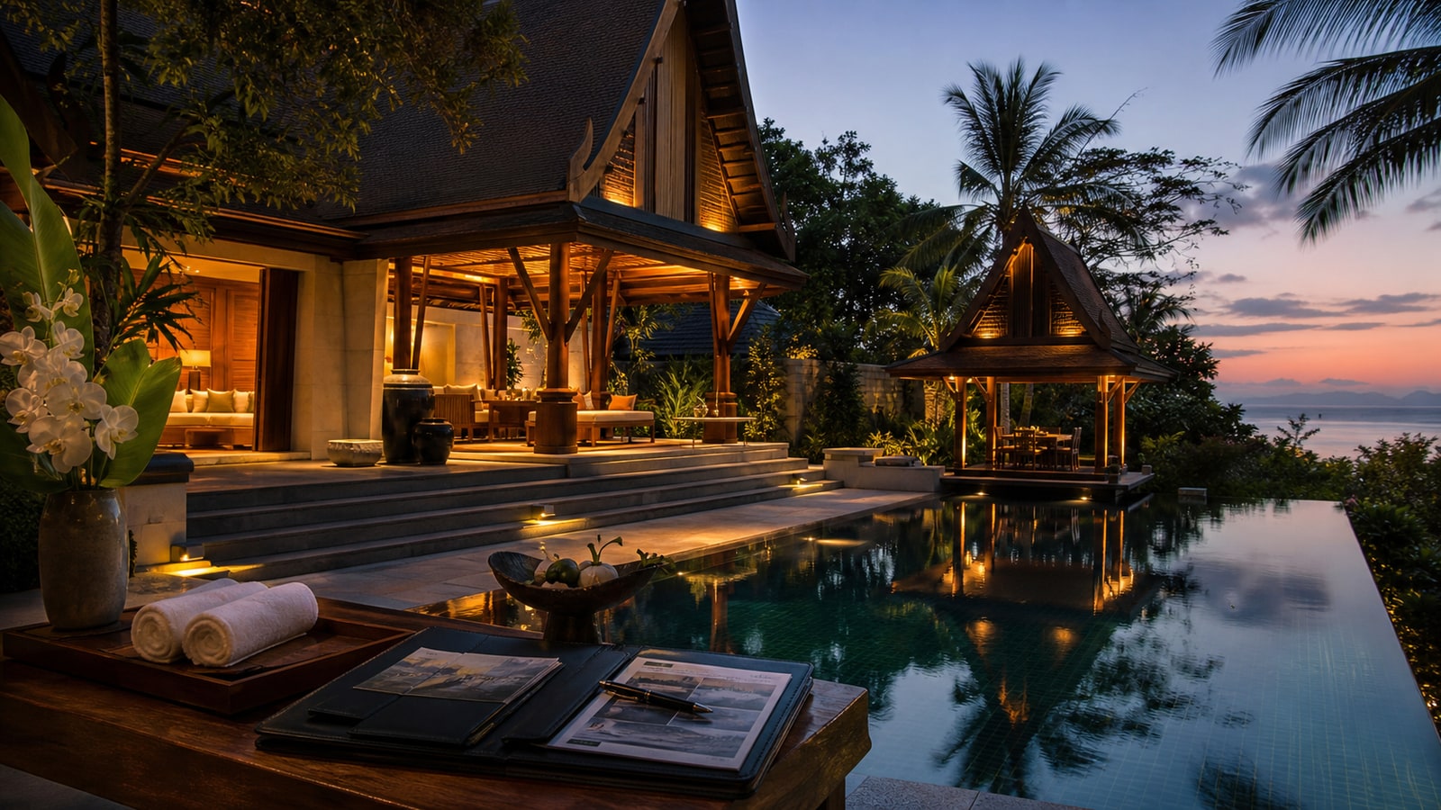Private Phuket estate pool terrace at dusk with tropical Thai pavilion architecture.