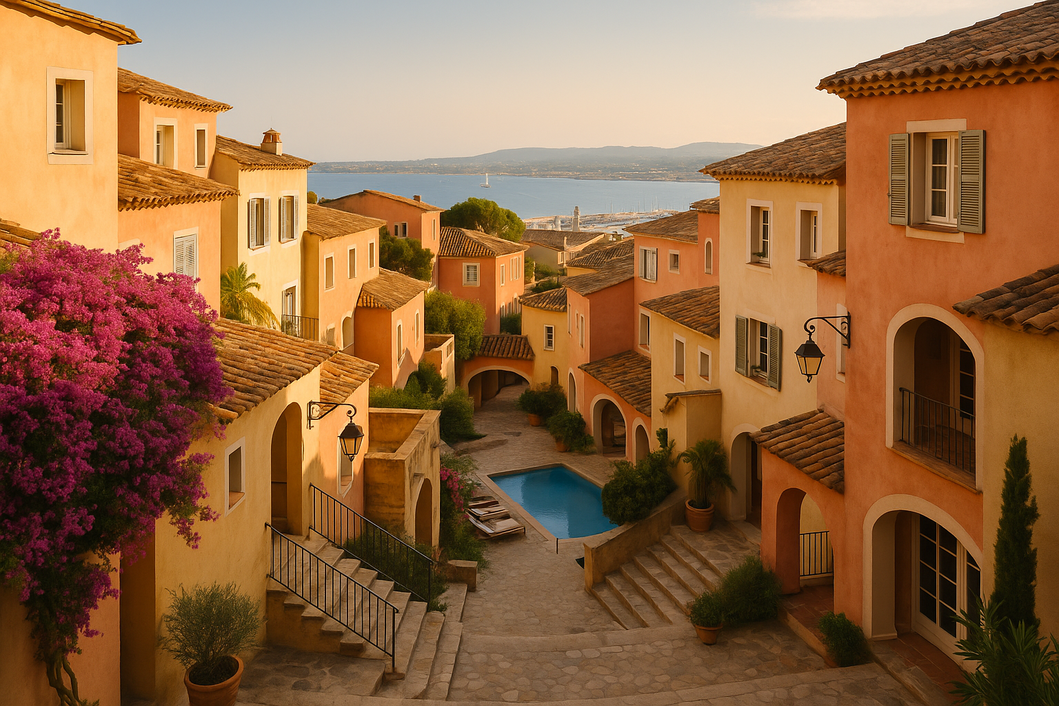 Hotel Byblos Saint-Tropez, the 1967 Provençal hillside village hotel, showing pastel stucco buildings, terracotta roofs, and stairways tumbling toward the Saint-Tropez port.