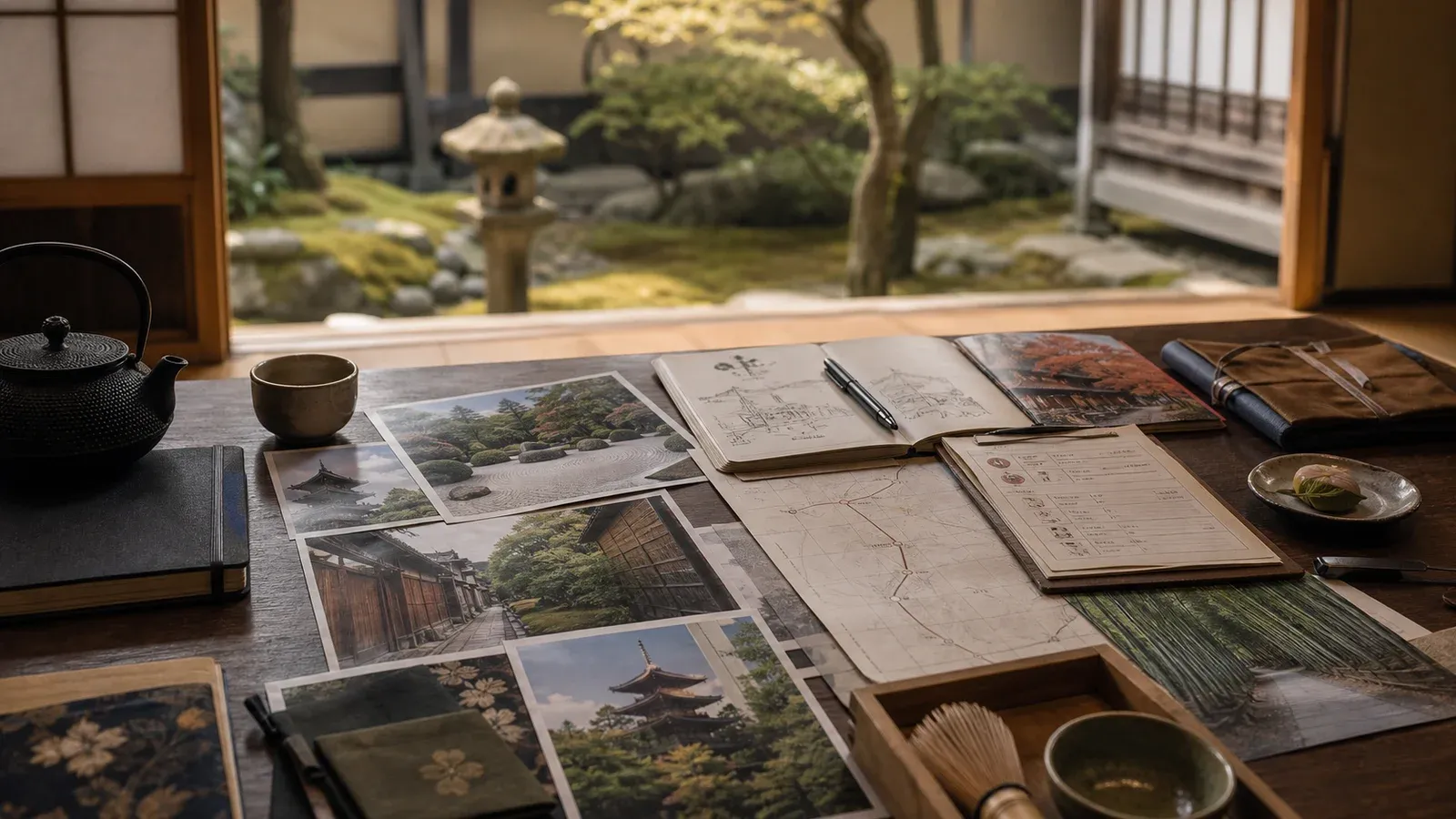 Private Guides in Kyoto editorial image showing a fine-dining reservation and itinerary-planning table with place-specific restaurant cues in Japan.