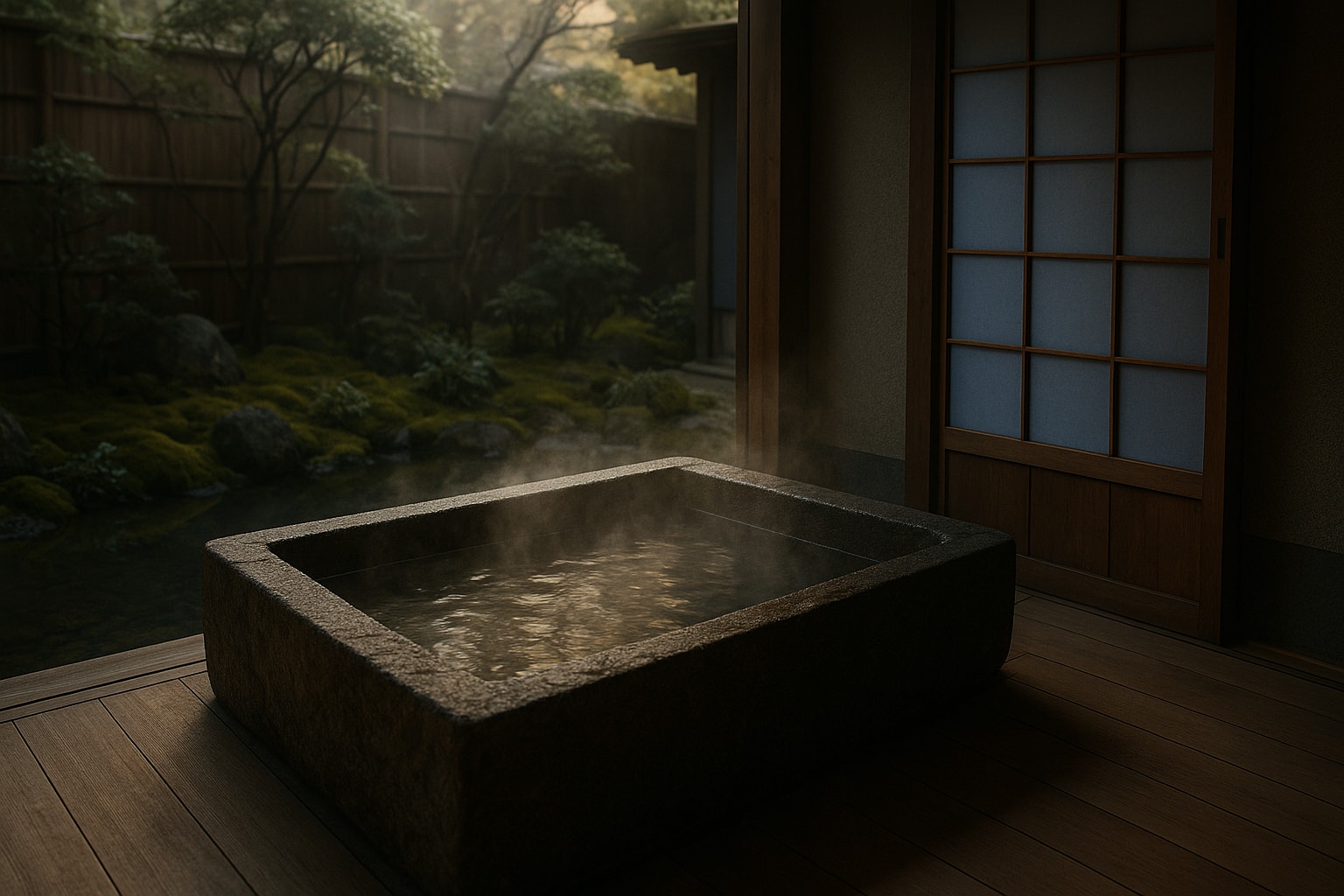A private ryokan onsen bath at dawn in Kyoto with steam rising over still water and a quiet garden view, for the VIAIVE Wellness in Kyoto guide.